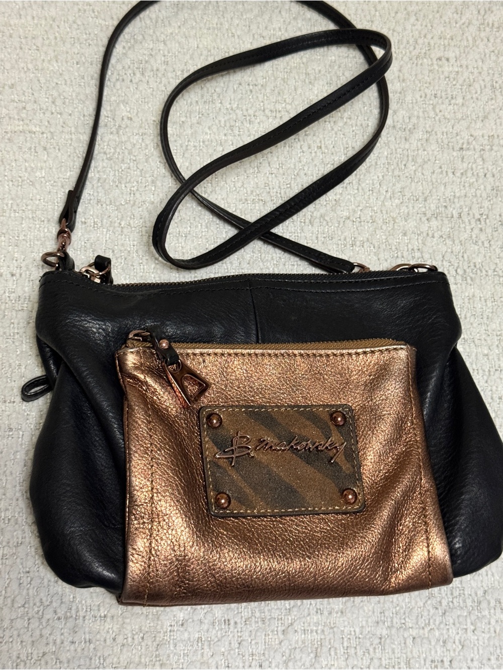 B. Makowsky Leather Crossbody Black, Metalllic Bronze Contrast, Bronze Hardware